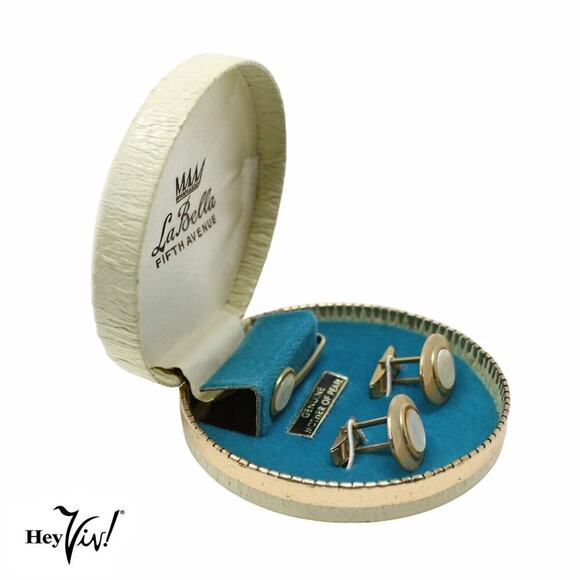 Vintage La Bella Fifth Avenue Cuff Links Tie Clip Set Original Box Genuine MOP - Picture 3 of 7